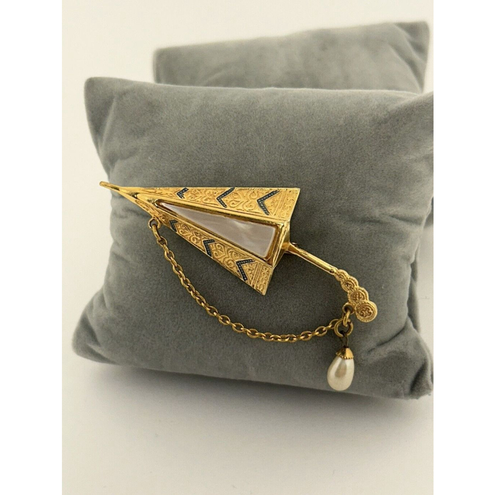 Made In Spain Umbrella Damascene Pin Brooch Faux Pearl & MoP Inlay Gold Tone